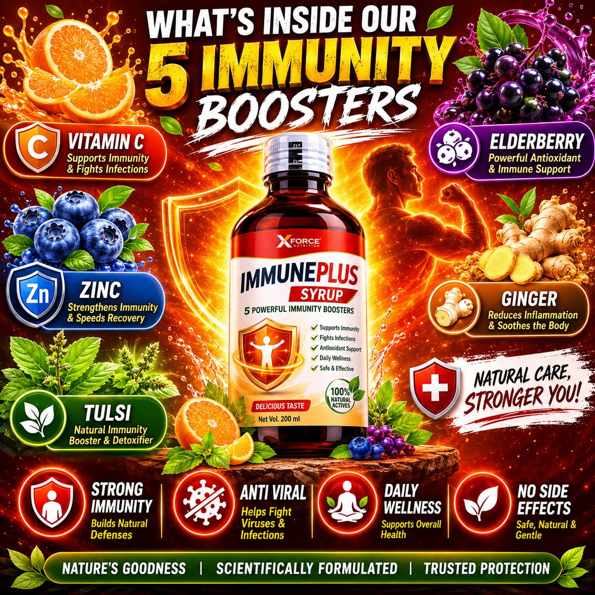 ImmunePlus 糖浆瓶固定在画面中央，所有周围的配料缓慢向外飘移并逐一淡出，背景逐渐加深为温暖的橙红色，金色光晕在瓶身周围逐渐聚拢，过渡流畅且富有动感，无抖动，无其他多余特效
