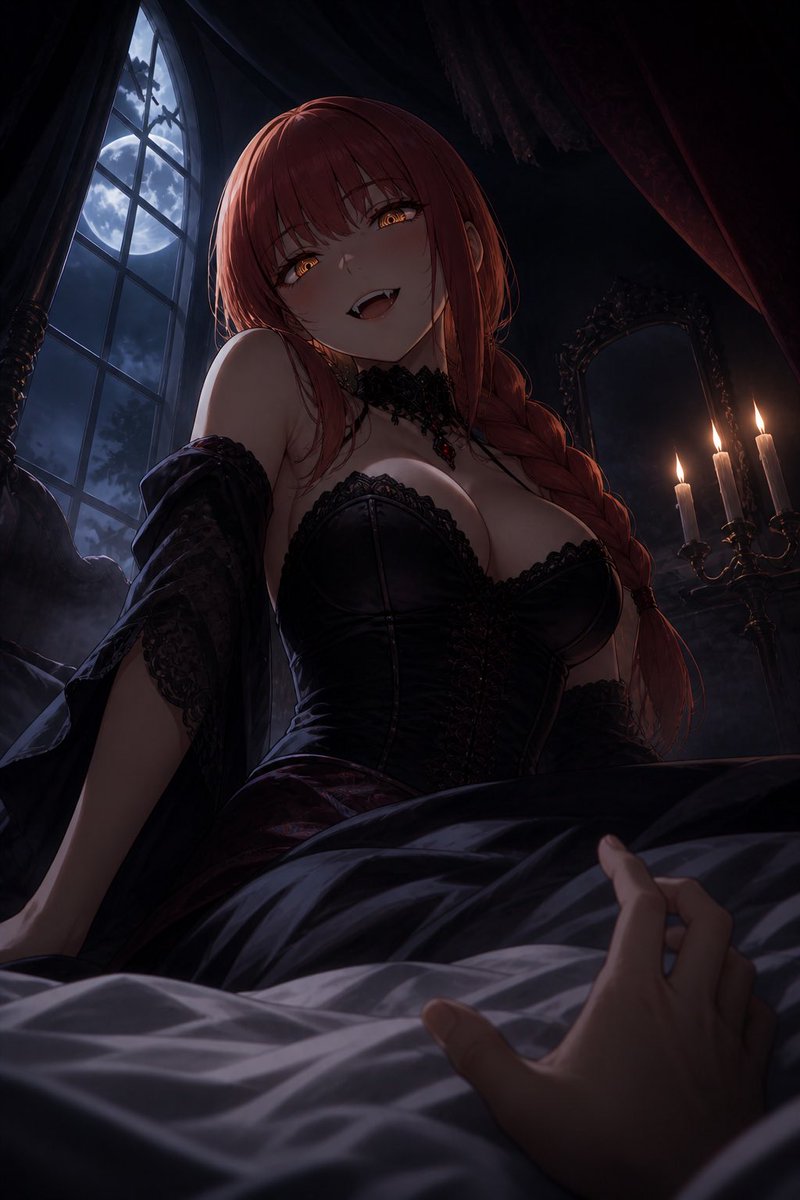 Chat GPT Image 2.0 [Character]，吸血鬼獠牙，挑逗的掠食者笑容，从上方俯身向观者，床上的 POV（第一人称视角），凌乱的床单，吸血鬼礼服，紧身胸衣，月光下的哥特式卧...