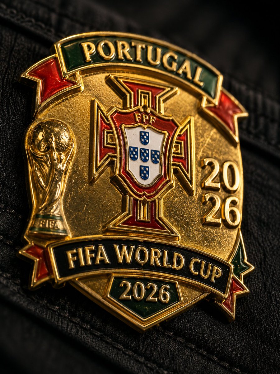 一枚占据视觉中心、填满 3:4 微距画面 70% 的 [Team_Name] FIFA 2026 世界杯珐琅徽章,其闪亮的金色表面呈现出物理上精准的反射、折射以及细微的磨损痕迹。徽章牢牢别在黑...