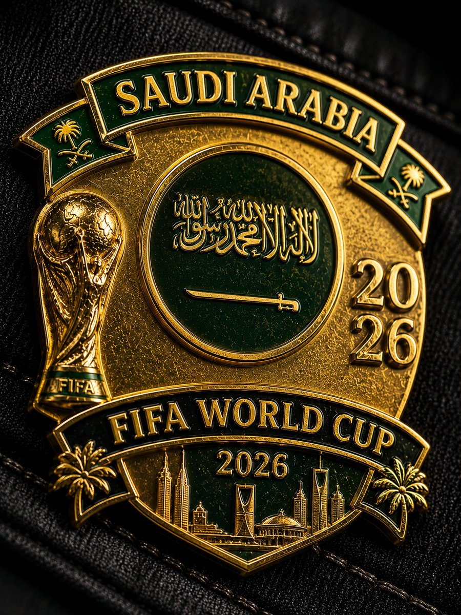 一枚占据视觉中心、填满 3:4 微距画面 70% 的 [Team_Name] FIFA 2026 世界杯珐琅徽章,其闪亮的金色表面呈现出物理上精准的反射、折射以及细微的磨损痕迹。徽章牢牢别在黑...