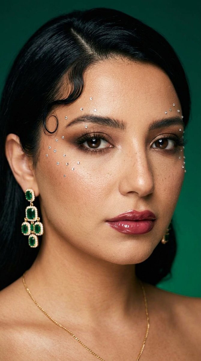 "identity": "same woman in every frame: late 20s, warm olive-tan skin, oval face, strong dark gr...