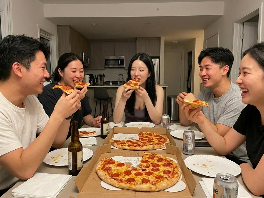 candid friend group iPhone shot — real pizza night, unposed and messy in the best way, backgroun...