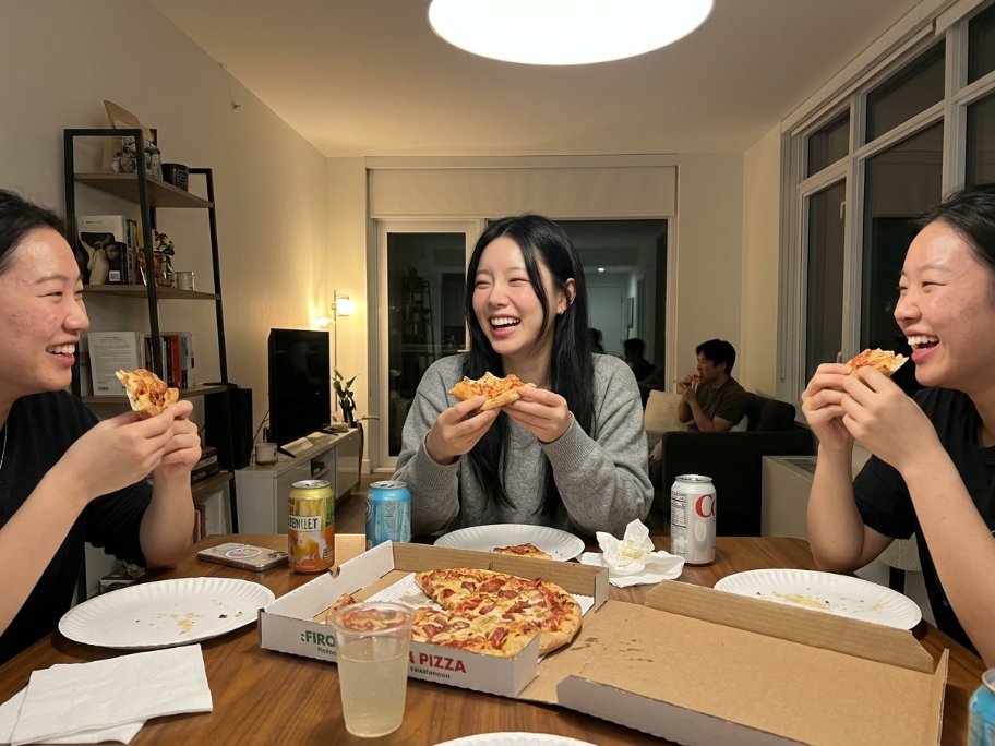 candid friend group iPhone shot — real pizza night, unposed and messy in the best way, backgroun...