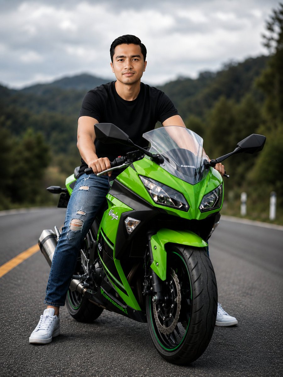 GPT Image 2 于 ChatGPT 提示⤵️ 宽幅人像,一位年轻男子跨坐着一辆鲜绿色运动摩托车,停在一段空旷蜿蜒的山路上,正面四分之三视角,低角度透视,浅景深,背景是森林山丘与多云天空...