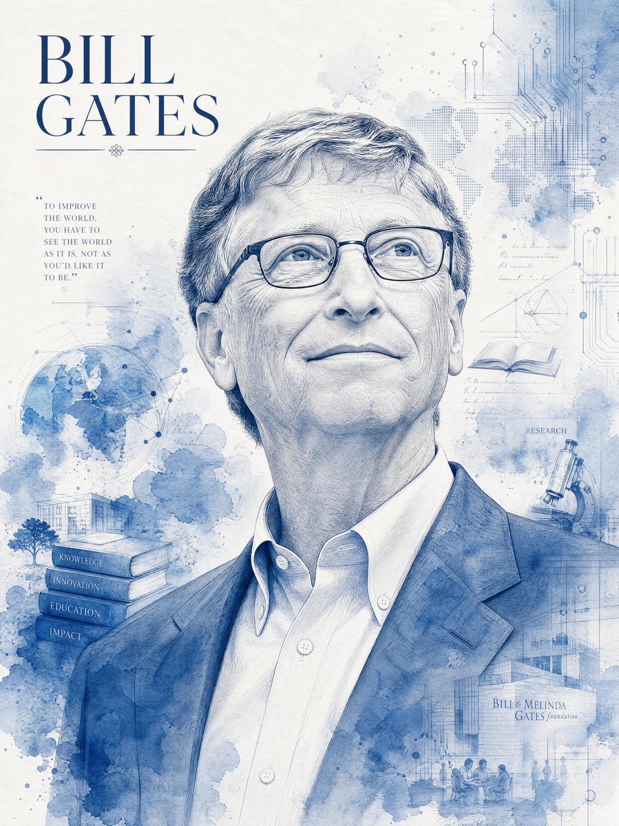 一幅高度精细的单色蓝色水彩与墨水结合的Bill Gates（比尔·盖茨）肖像插画，居中呈现在一张竖版海报构图中。作品呈现为一幅写实而庄重的头肩像肖像，配以精细的铅笔素描线条、淡雅的水彩晕染以及...