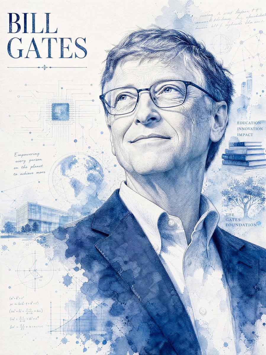 一幅高度精细的单色蓝色水彩与墨水结合的Bill Gates（比尔·盖茨）肖像插画，居中呈现在一张竖版海报构图中。作品呈现为一幅写实而庄重的头肩像肖像，配以精细的铅笔素描线条、淡雅的水彩晕染以及...