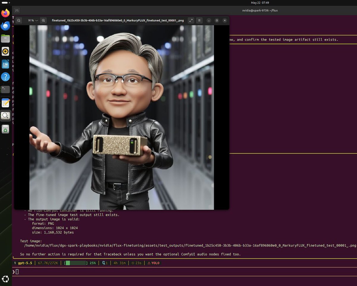 /目标 按照 NVIDIA 教程在本地对 FLUX 模型进行微调，自主排查问题，自动恢复长时间运行的任务，并通过生成图像来验证最终模型。 教程: https://t.co/IMoDbrvltC...