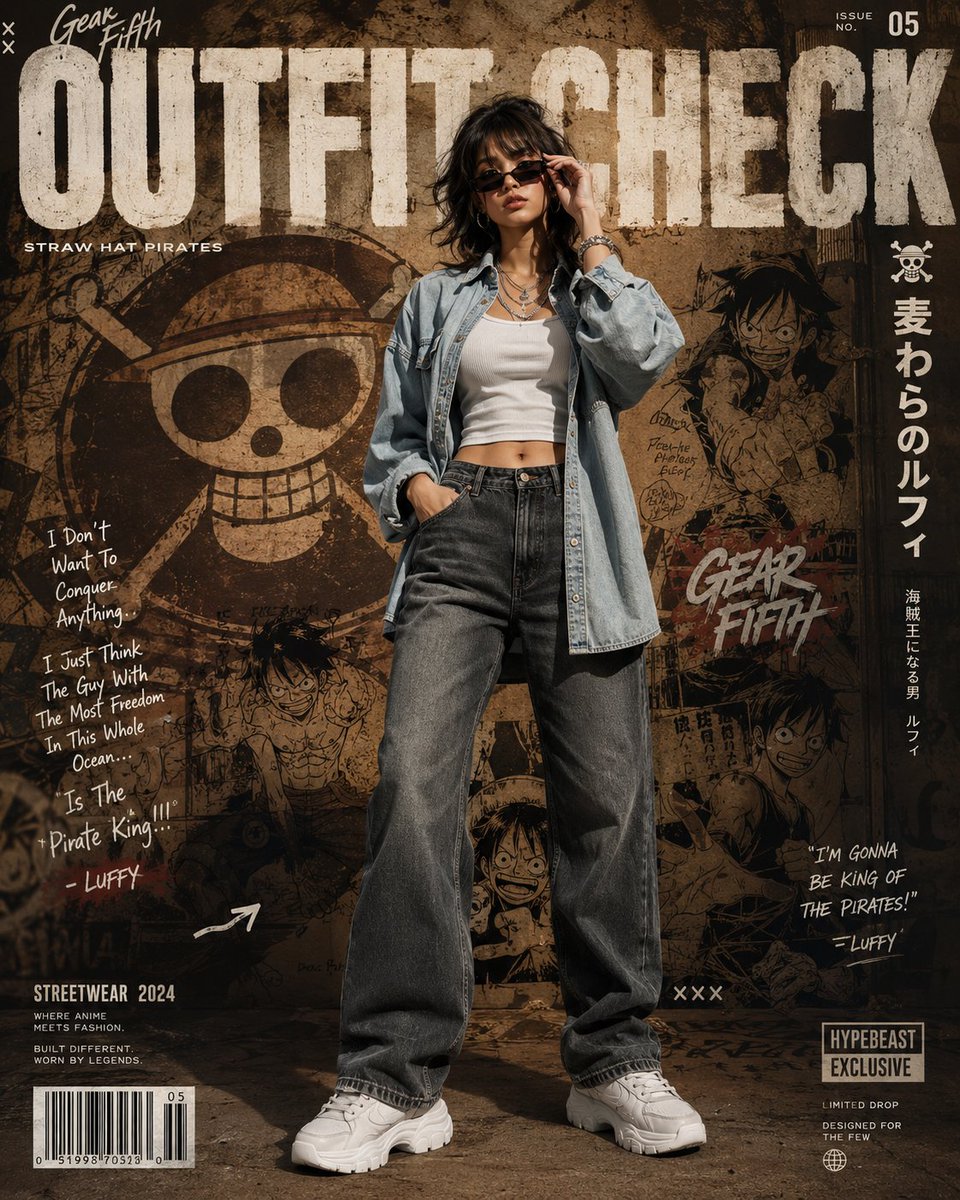 一部充满电影感的动漫灵感街头服饰编辑海报,以一位时尚年轻女性作为高端时尚广告的主角。 主体:一位自信的25岁女性,以放松却极具号召力的潮人姿态站立。一只手随意插在牛仔裤口袋里,另一只手轻轻调整...