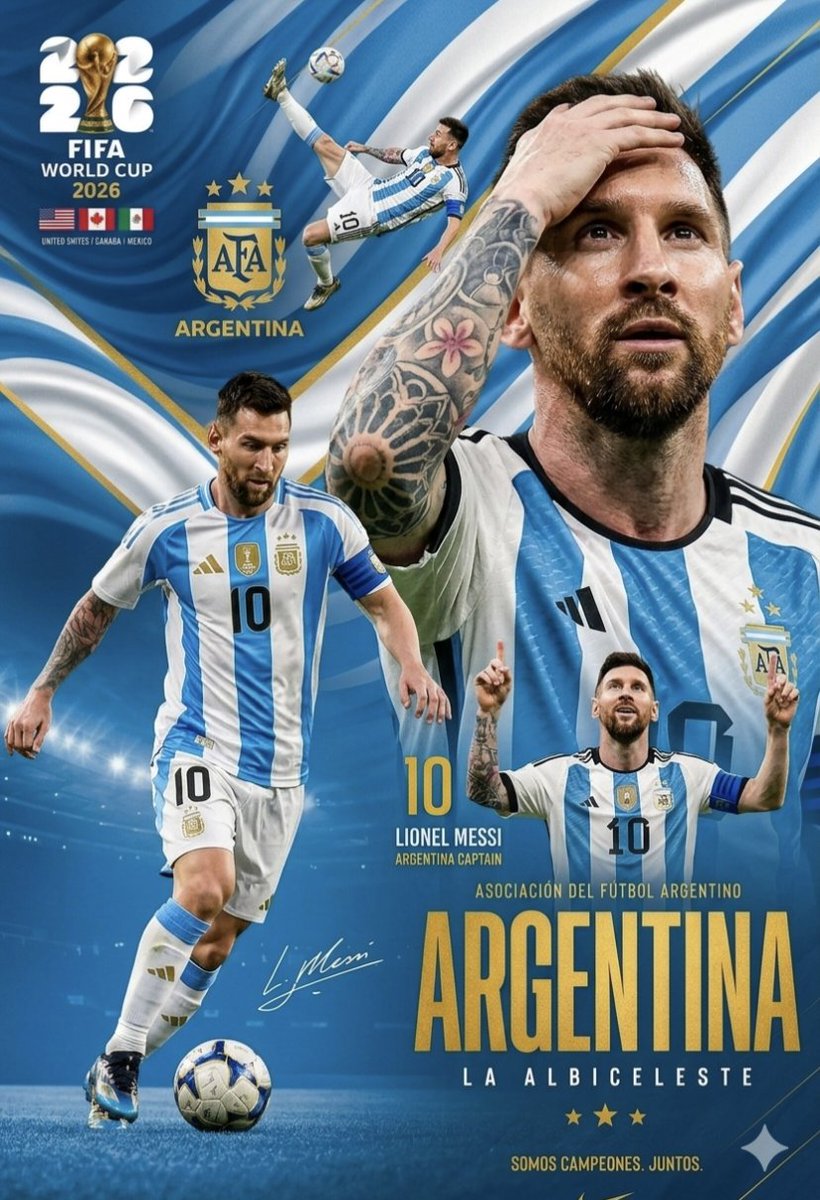 一张充满活力与动感的体育主题图形海报，向莱昂内尔·梅西（Lionel Messi）与阿根廷国家足球队致敬。背景采用流动且风格化的阿根廷国旗图案，以标志性的浅蓝与白色条纹打造出动感的视觉效果。画...