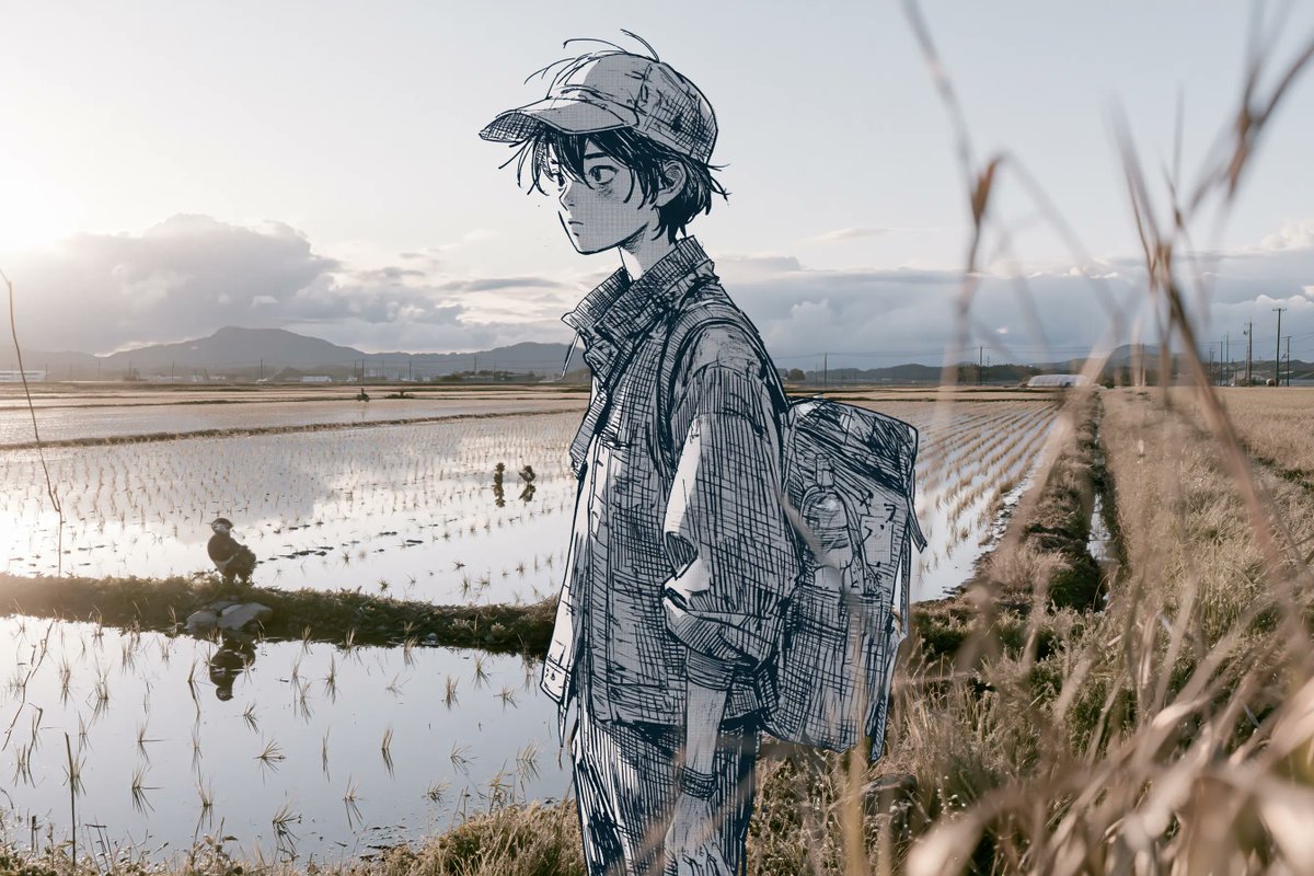 一张超写实的照片，画面中是一个[真实世界的地点]在[季节]时的景象，包含[环境细节]，电影感的景深，自然光线，超精细的写实主义质感。场景中无缝融入一幅二维黑白漫画插画，描绘一个[角色]，以干净...