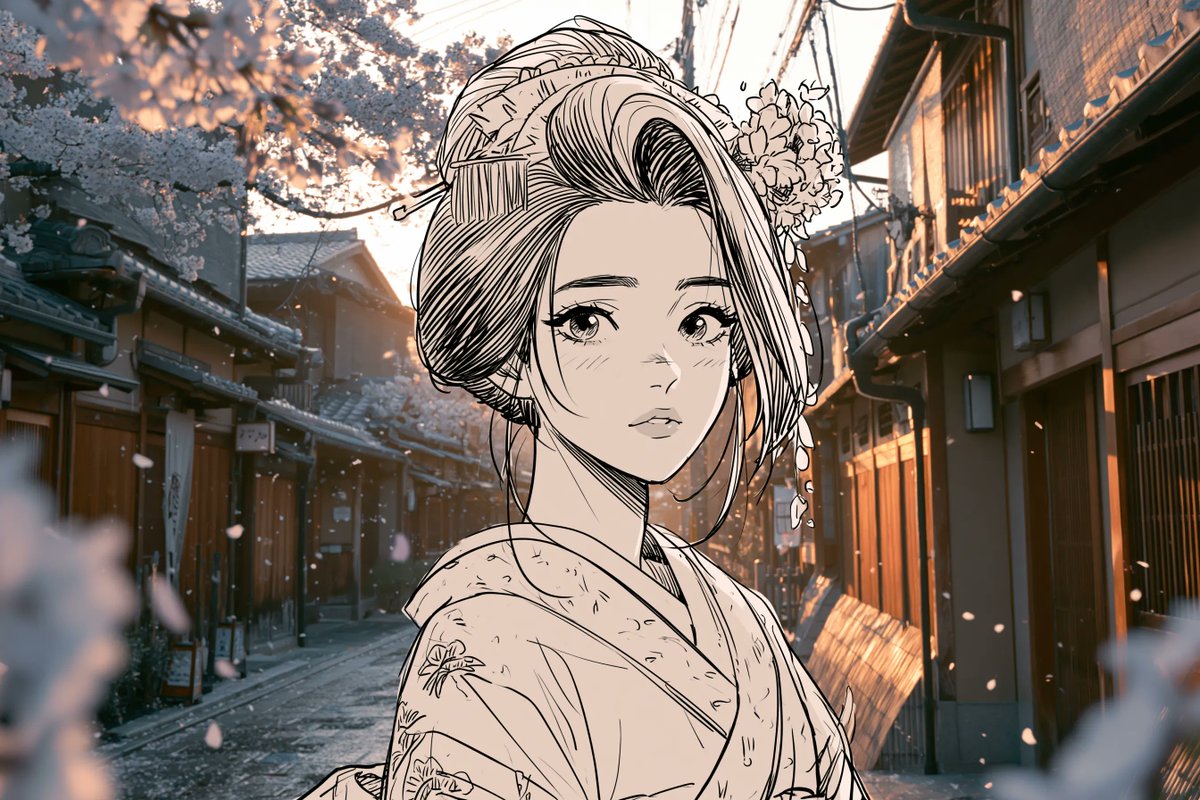一张超写实的照片，画面中是一个[真实世界的地点]在[季节]时的景象，包含[环境细节]，电影感的景深，自然光线，超精细的写实主义质感。场景中无缝融入一幅二维黑白漫画插画，描绘一个[角色]，以干净...