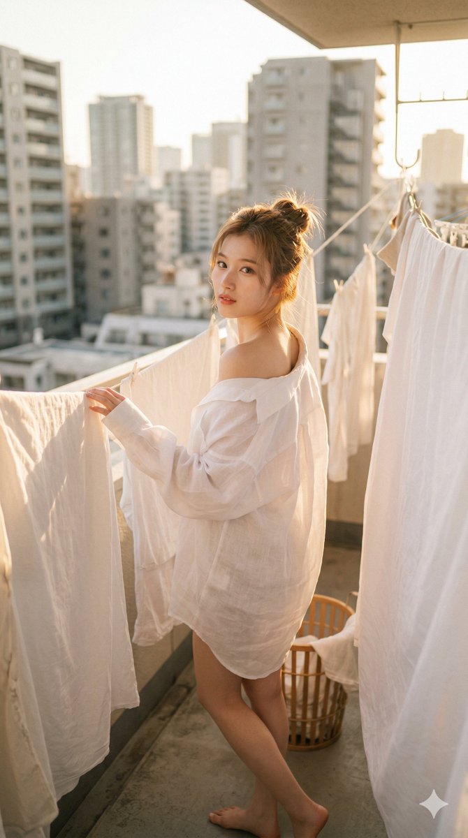 K-pop偶像摆姿势站在阳光明媚的公寓阳台上，周围晾衣绳上挂满了白色床单。身穿宽大的半透明白色亚麻纽扣衬衫，敞开披着，从一侧肩膀滑落。柔软的棕色...