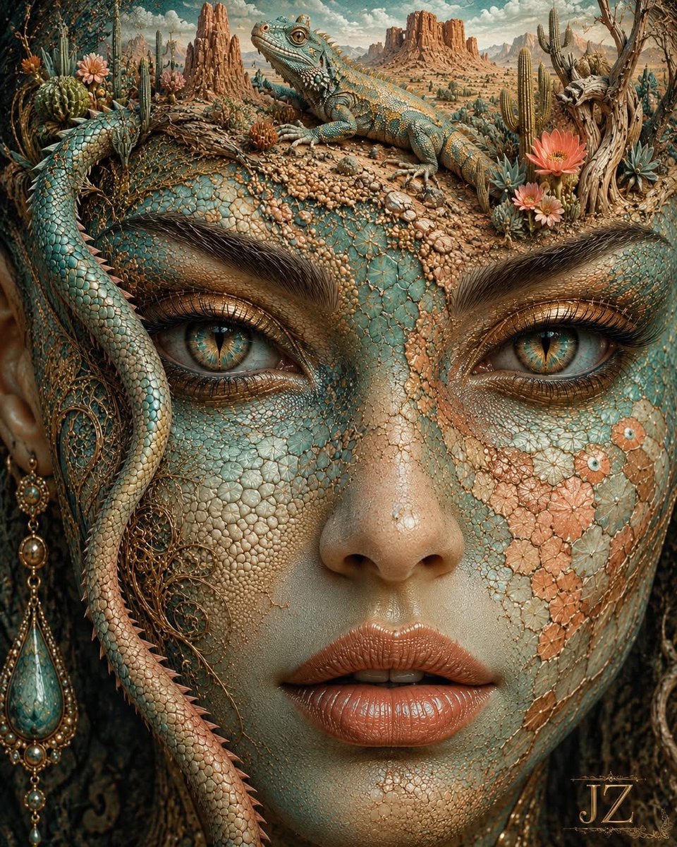 一幅杰作、超精细、高质量的波普超现实主义特写肖像，描绘一位美丽的女性，从颈部以上展示，她的面部充满整个画面，采用大胆、沉浸式的构图，同时保持所有元素完美可见。她那光彩照人的容貌与错综复杂的蜥蜴...