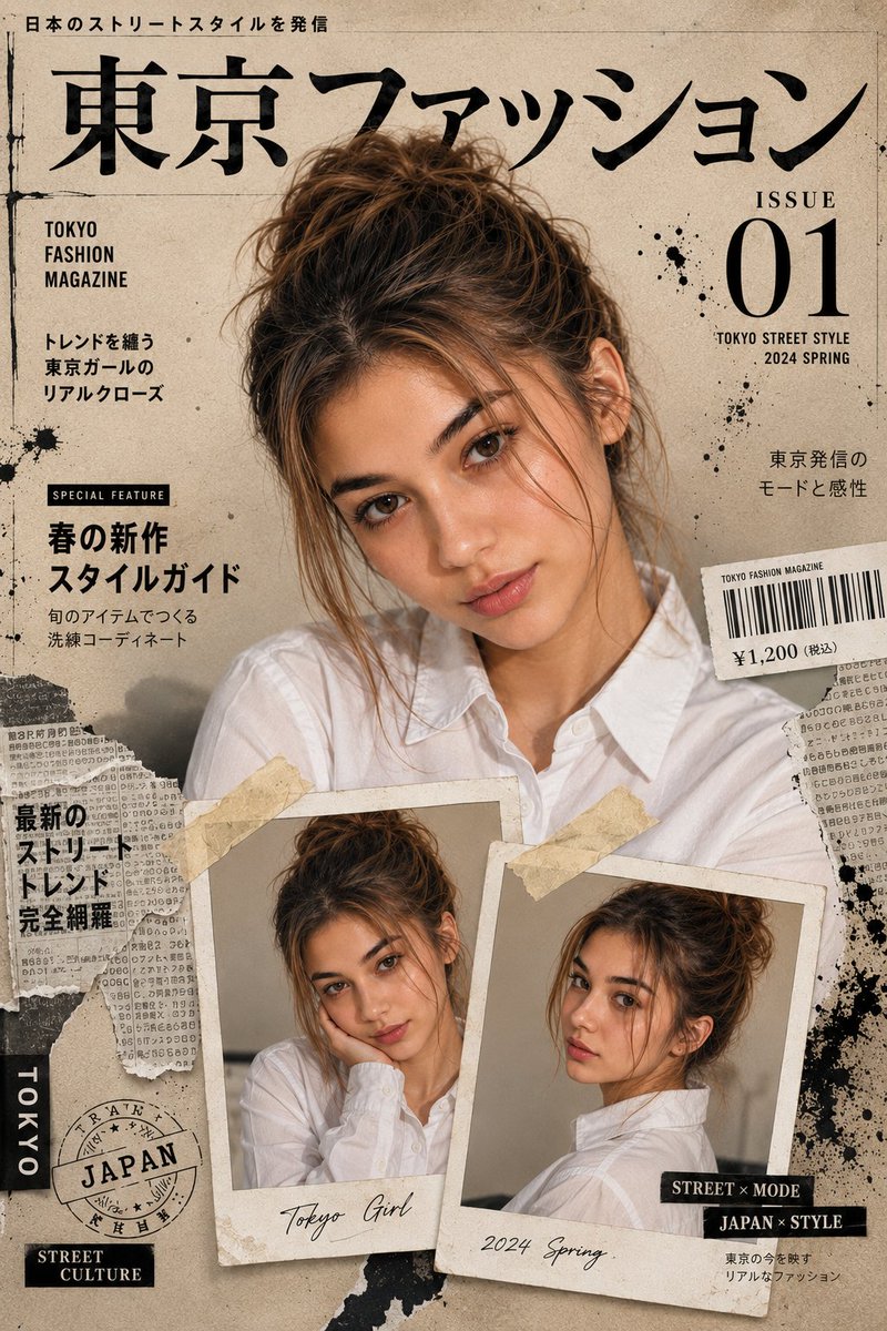 创建 8K 超电影级高端日系时尚封面，使用参考图像作为精确身份。顶部大幅电影级肖像，底部两张用胶带固定的宝丽来肖像，所有图像中保持一致的脸部。米色纹理纸张背景，黑色墨水飞溅，撕碎的报纸，条形码...