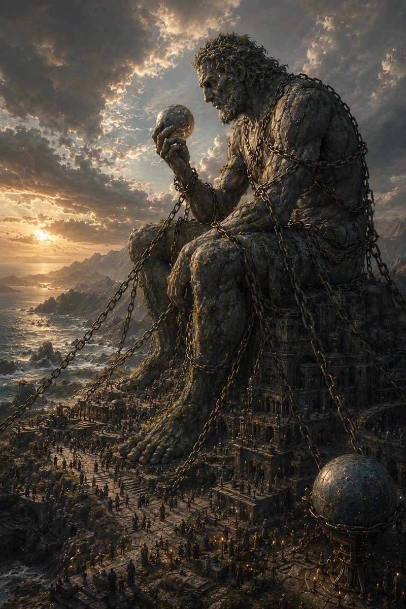 一座庞大的沉思泰坦，盘踞于古老的海岸文明之上，巨大的锁链将巨人连接到宏伟的建筑与地貌之中，巨人手托天体之球，俯瞰辽阔的宜居世界，风化如石般的皮肤布满岁月与自然的痕迹，广阔的城市融入巨人的存在之...