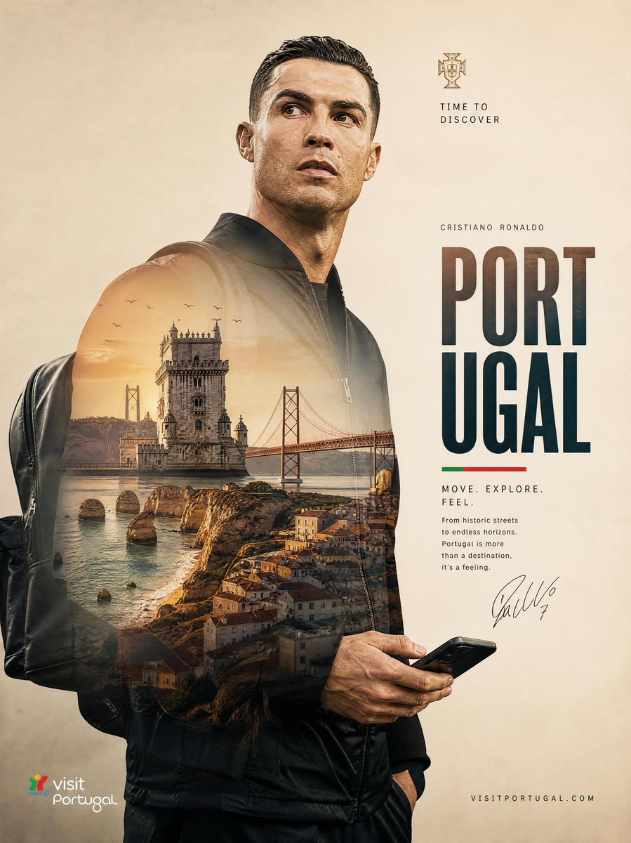 超高端旅游海报，主角为克里斯蒂亚诺·罗纳尔多（Cristiano Ronaldo），采用精致的双重曝光风格设计。一幅高度精细的电影感肖像画：克里斯蒂亚诺·罗纳尔多自信地站立在温暖的米色极简背景...
