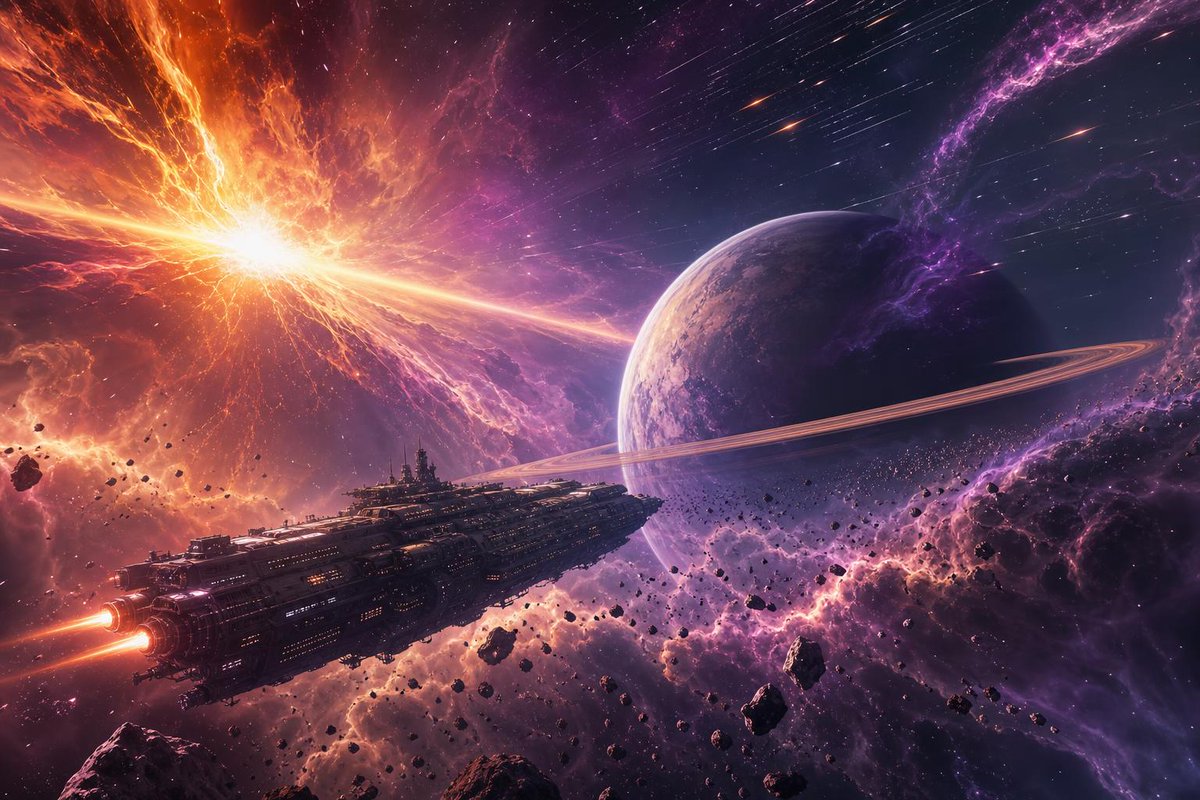 一艘巨大的飞船在令人叹为观止的宇宙景观中漂流，被一团由鲜艳的紫色和橙色组成的旋涡状星云衬托得相形见绌，背景中还有一颗巨大的带环行星若隐若现……更多内容请参阅替代文本 #aiart https:...