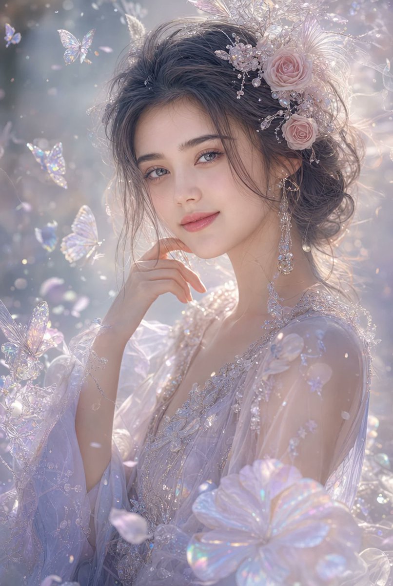 超写实空灵奇幻肖像：一位令人惊艳的年轻女子，拥有细腻瓷感肌肤、柔和灰蓝色眼眸与自然玫瑰色双唇。她带着宁静梦幻的神情温柔望向观看者，指尖轻触下巴。纤细的灰棕色头发在微风中轻柔飘动，盘成宽松浪漫的...