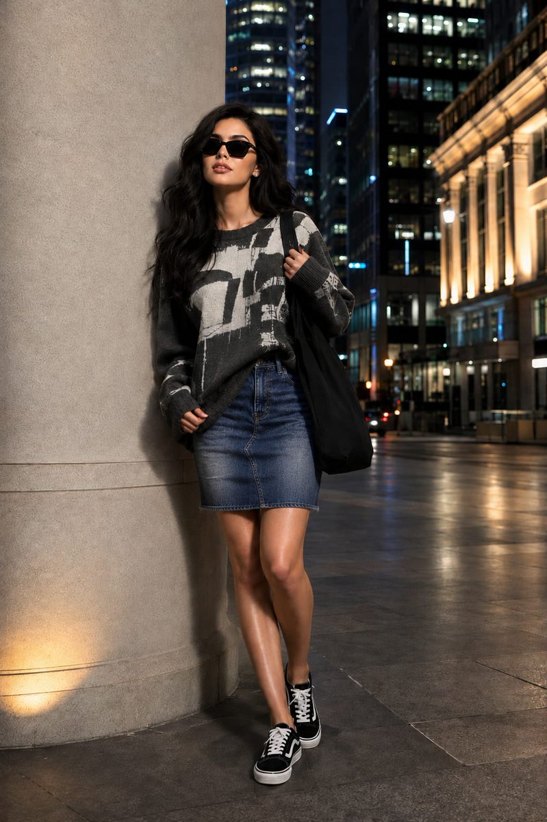 超写实全身时尚编辑大片照片：一位美丽的年轻女性，与参考形象保持相同的面部身份与外貌。她站在日落后高端金融区一根造型简约的石灰岩柱旁，散发出优雅融合自信与魅力的气质。她佩戴现代黑色方形框太阳镜，...