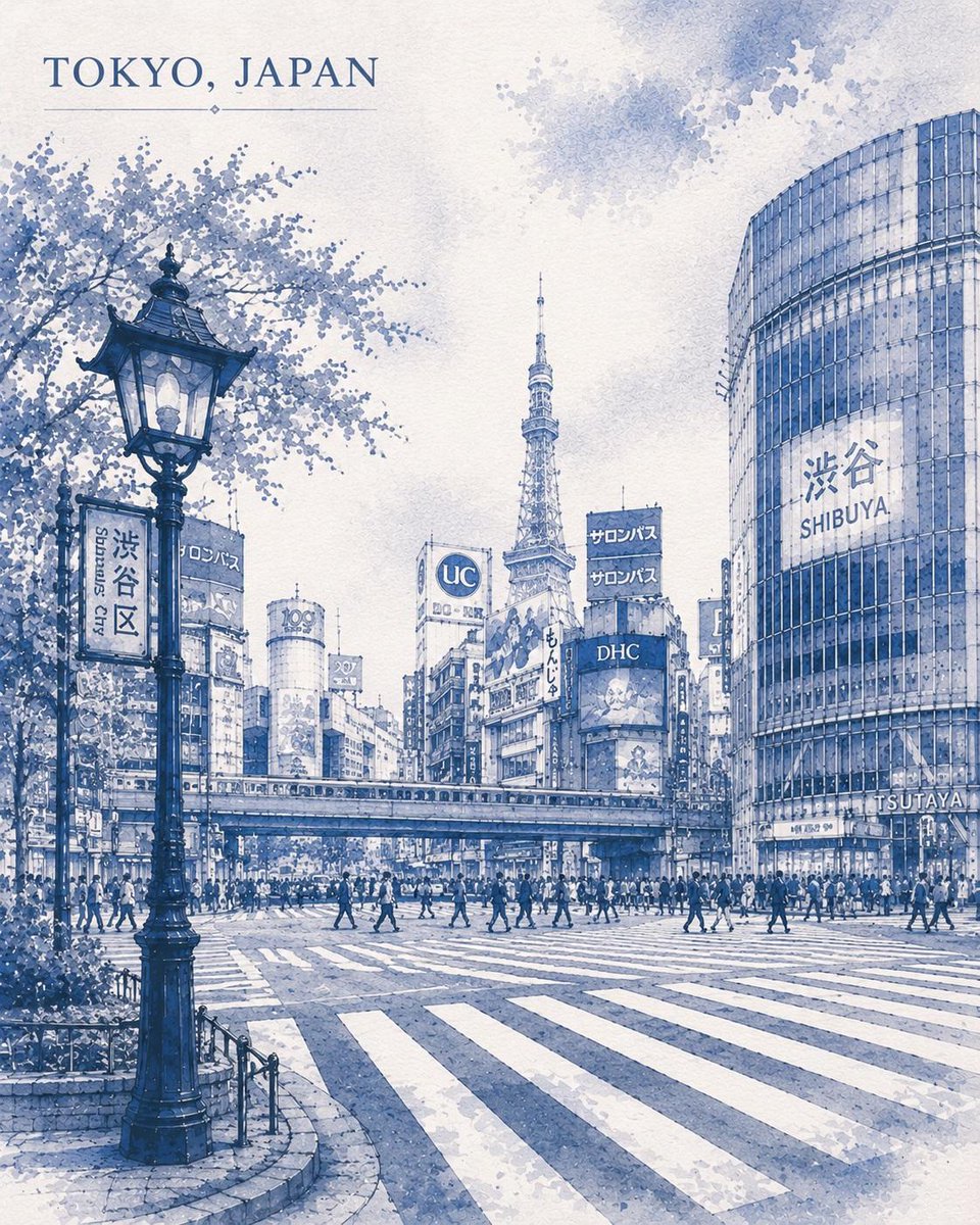 一幅优雅的水彩旅行海报插画，描绘世界著名城市地标，采用钴蓝色与白色的单色调绘制于带有肌理的水彩纸上。细致的建筑景观，包含标志性的街道、历史建筑、复古街灯、林荫大道、行人、车辆以及文化氛围。柔和...