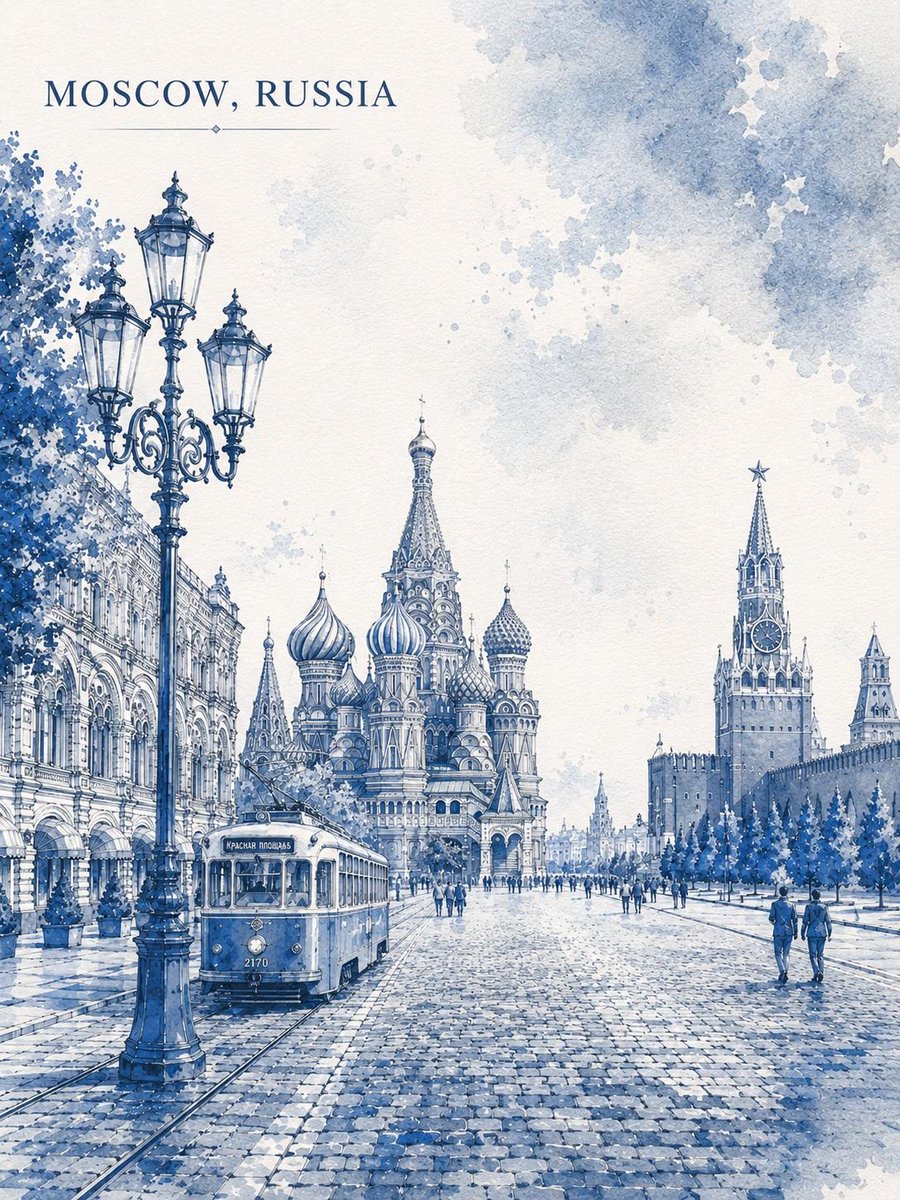 一幅优雅的水彩旅行海报插画，描绘世界著名城市地标，采用钴蓝色与白色的单色调绘制于带有肌理的水彩纸上。细致的建筑景观，包含标志性的街道、历史建筑、复古街灯、林荫大道、行人、车辆以及文化氛围。柔和...