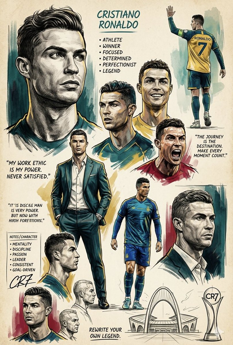 一幅献给足球明星克里斯蒂亚诺·罗纳尔多(Cristiano Ronaldo)的艺术性多面板海报拼贴画，采用复古素描与水彩风格，呈现于带有古旧感的米白色羊皮纸纹理之上。版面左上角是一幅占主导地位...