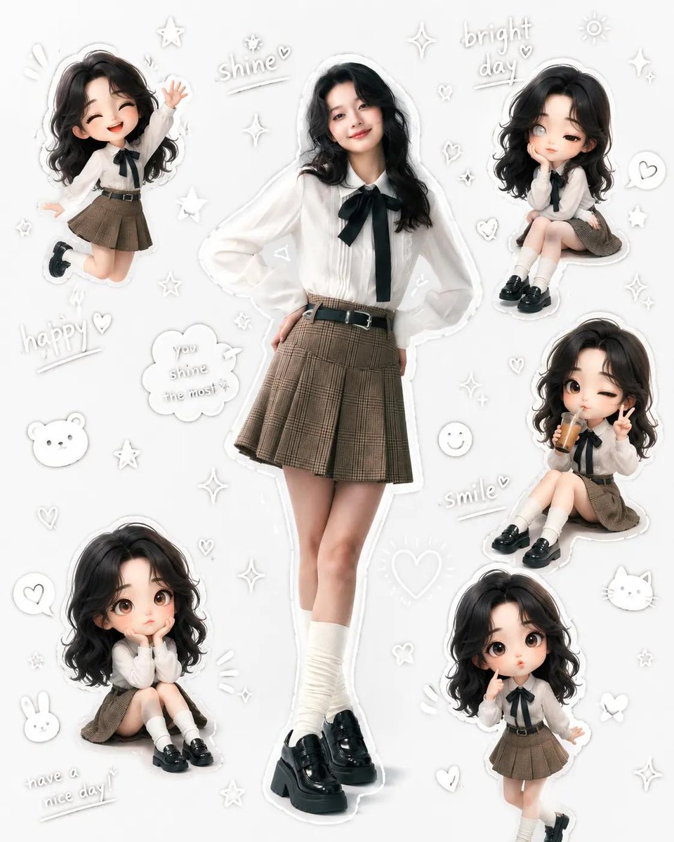 一个超可爱的美学角色拼贴画，画面中有一位美丽的少女，身着柔和的韩风校服，周围环绕着她自己的多个可爱Q版（chibi）小形象，呈现出不同的俏皮姿势和表情。主角自信地站在中央，穿着白色优雅长袖衬衫...