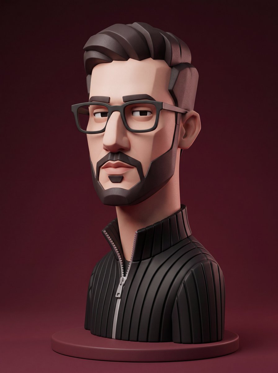 生成一种原创风格化 3D 肖像插画的风格,呈现出收藏级设计师人偶与时尚角色设计的美学。几何化、刻意简化且略带夸张的面部特征:一个大型整体式的鼻子、宽大平整的面部平面、窄长的矩形眼睛、图形化的眉...