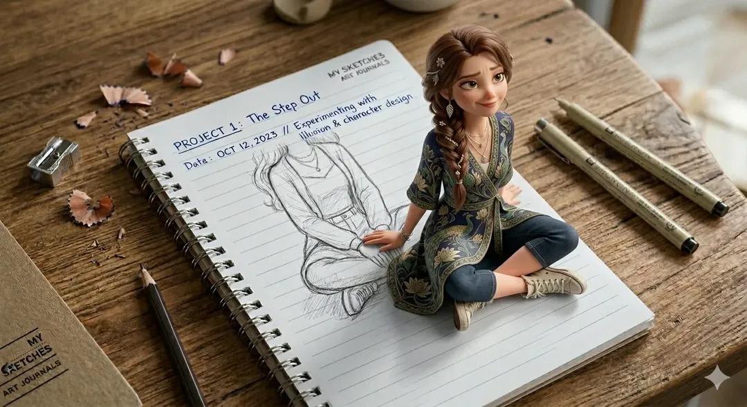 一个富有创意的3D错觉艺术作品，画面中一个可爱的年轻女孩从放在木桌上的螺旋装订笔记本页面中浮现。笔记本上显示着带有横线的纸张，顶部有手写文字。女孩拥有半写实的3D卡通风格，柔和的波浪状棕色头发...