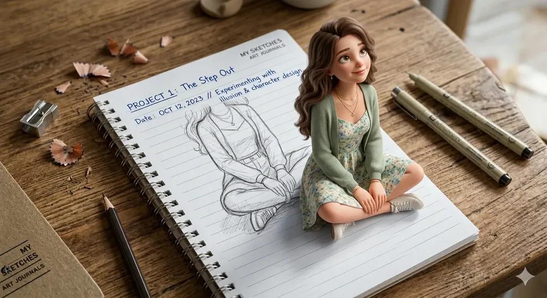 一个富有创意的3D错觉艺术作品，画面中一个可爱的年轻女孩从放在木桌上的螺旋装订笔记本页面中浮现。笔记本上显示着带有横线的纸张，顶部有手写文字。女孩拥有半写实的3D卡通风格，柔和的波浪状棕色头发...