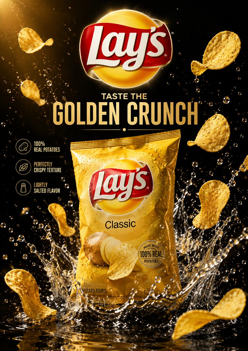 为一家著名零食品牌打造一款超高端奢华风格广告海报，由世界顶级平面设计师、奢侈品牌专家以及屡获大奖的广告艺术总监亲自操刀设计。将产品作为视觉主角置于构图中心，以超大尺寸呈现，周围环绕着以戏剧化动...