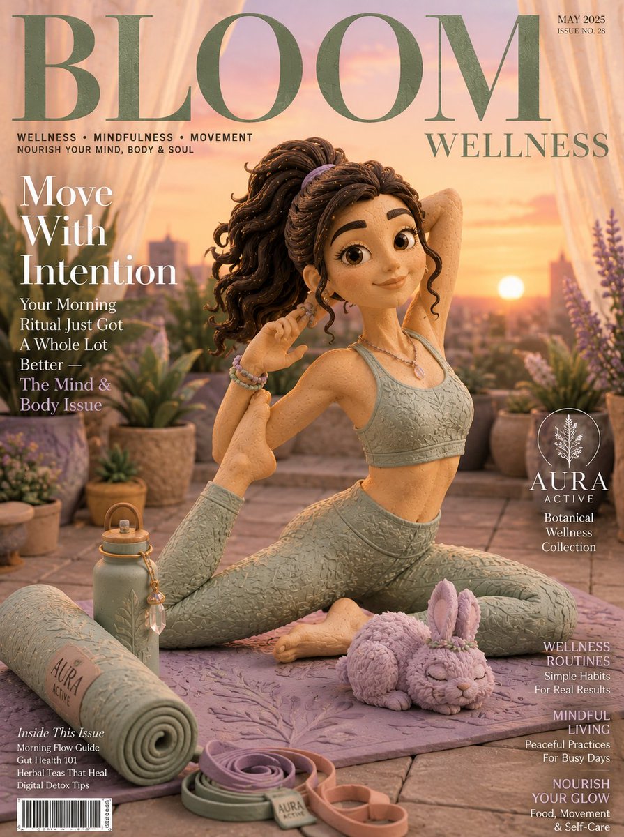 GPT Image 2 在 ChatGPT 上 🪄 提示词 ⬇ BLOOM WELLNESS 生活杂志封面 [主体]：一个光彩照人的黏土动画女孩，扎着高高的黏土马尾辫，身穿一套配套的粉彩色运动...