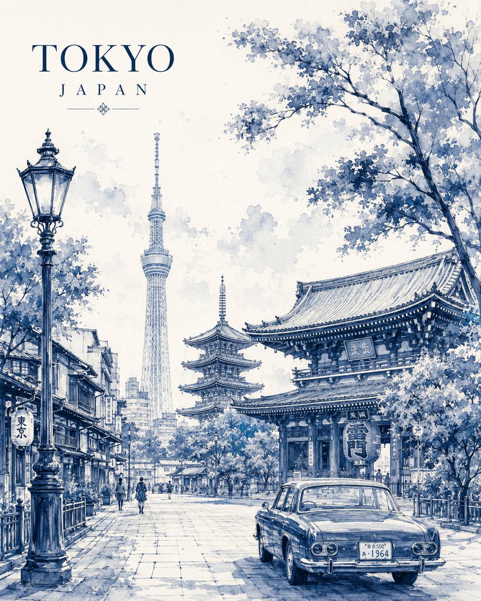 极简复古水彩旅行海报插画，描绘[CITY NAME]，[COUNTRY]，完全以优雅的单色[COLOR]水彩与精细的墨线笔触呈现。 宽高比：4:...