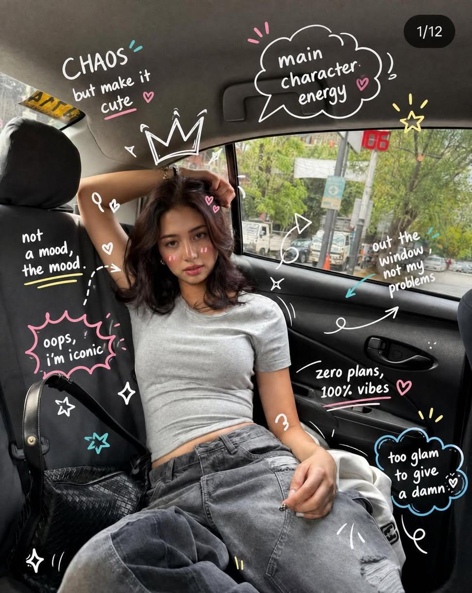 一张超写实的潮流美学肖像照:一位时尚年轻女子白天随意地坐在汽车后座,姿态放松自信,一只手臂搭在头顶上方,表情柔和自然。她留着齐肩的深色波浪卷发,妆容清淡,皮肤透亮,散发着从容不费力的气质。身穿...