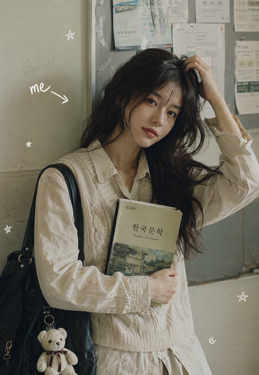 在温馨的走廊里学习 ✨ 图片由 ChatGPT 上的 GPT image 2 生成。 提示词 ⤵️ 一位年轻美丽的女性，面容柔和精致，眼神富有表现力，倚靠在浅灰色的教室墙上，一只手拨弄着凌乱的...