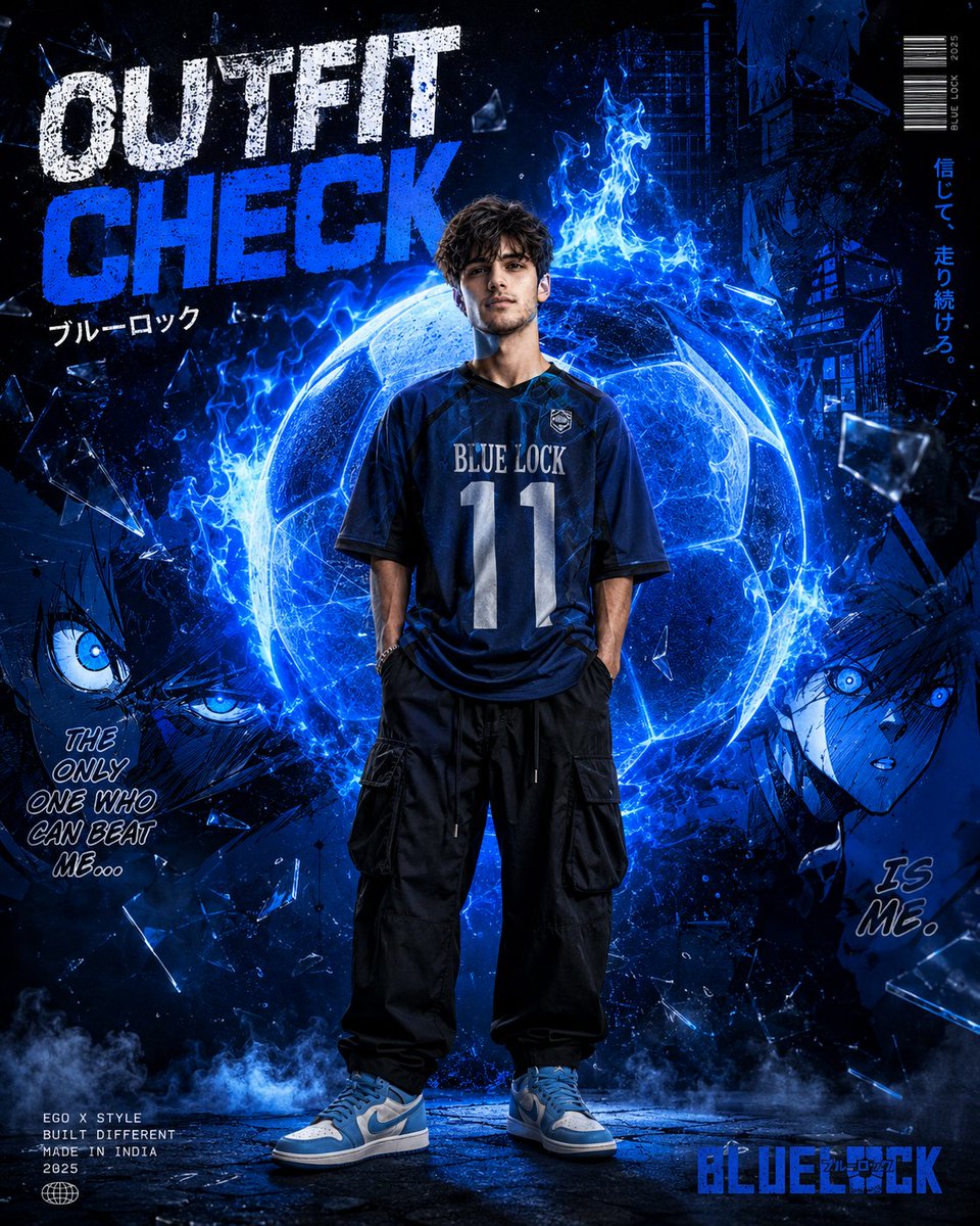 GPT Image 2 于 ChatGPT 提示 1： 一张超写实电影感动漫运动时尚海报，画面中是一位年轻的印度男子（已上传参考照片），身穿超大黑色工装裤、蓝色超大球衣、运动鞋，以充满攻击性的...