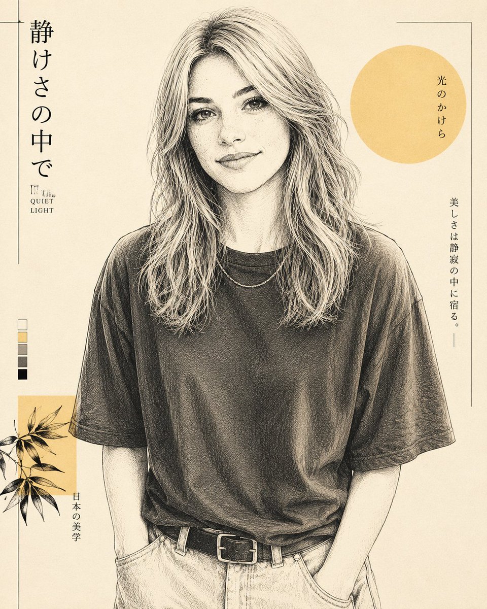 将照片中的人物转化为当代日式线条艺术插画,超精细钢笔墨水画,奶油黄与象牙白配色,极简编辑设计,精致的排线与版画纹理,干净的负空间,独立杂志美学,柔和的文学氛围,细腻的面部特征,北欧极简主义与日...