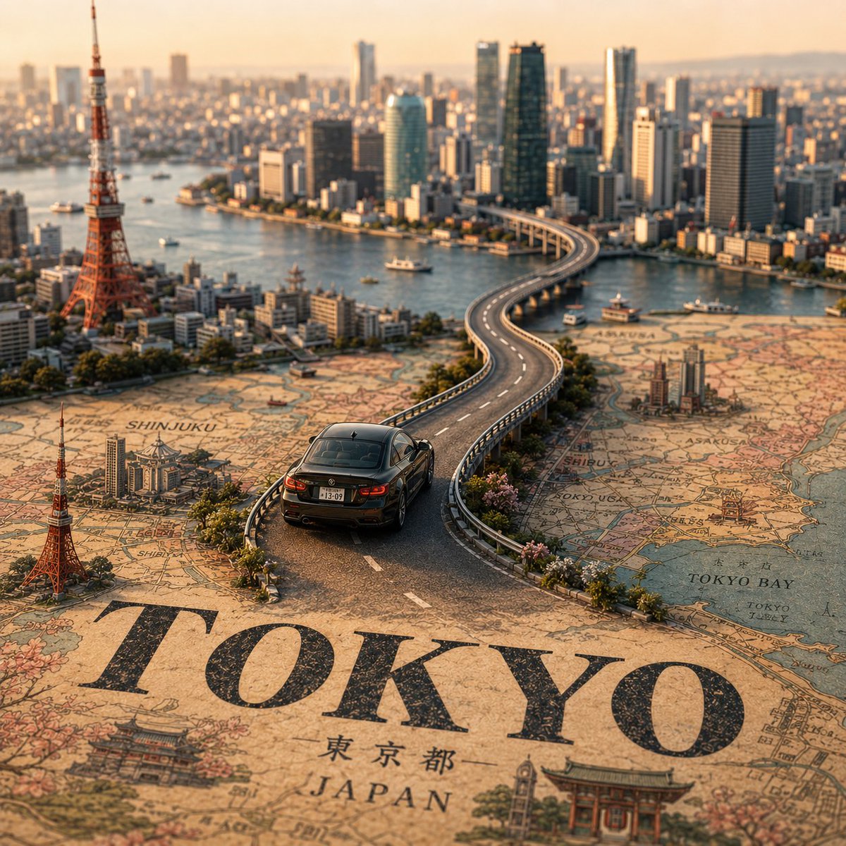 创建一个高度精细的电影感微缩移轴旅行场景，主题城市为 [CITY NAME]，其中包含一辆写实的 [VEHICLE NAME] 正行驶在一条蜿蜒的高架道路上，这条道路自然地从一张印刷的复古风格...