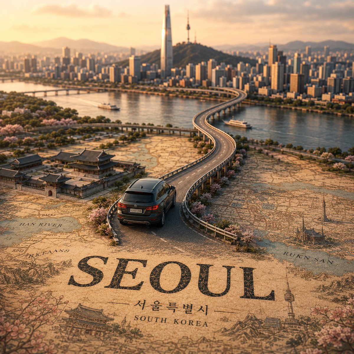 创建一个高度精细的电影感微缩移轴旅行场景，主题城市为 [CITY NAME]，其中包含一辆写实的 [VEHICLE NAME] 正行驶在一条蜿蜒的高架道路上，这条道路自然地从一张印刷的复古风格...