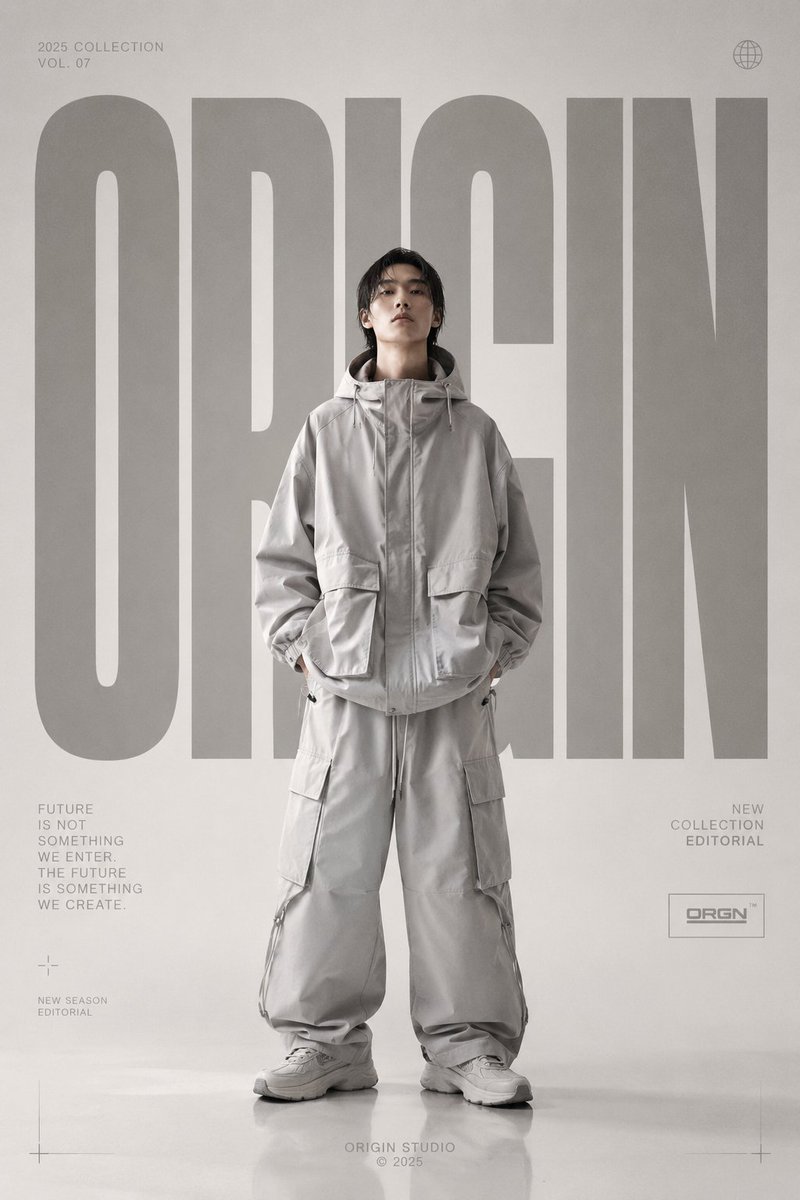 高端时尚编辑风格海报，品牌为 [BRAND NAME]，全身时尚模特居中，超大码奢华街头服饰造型，干净对称的姿态，真实的时尚摄影，柔和的影棚灯光，极简未来主义美学，韩国高端时尚海报风格，Vog...