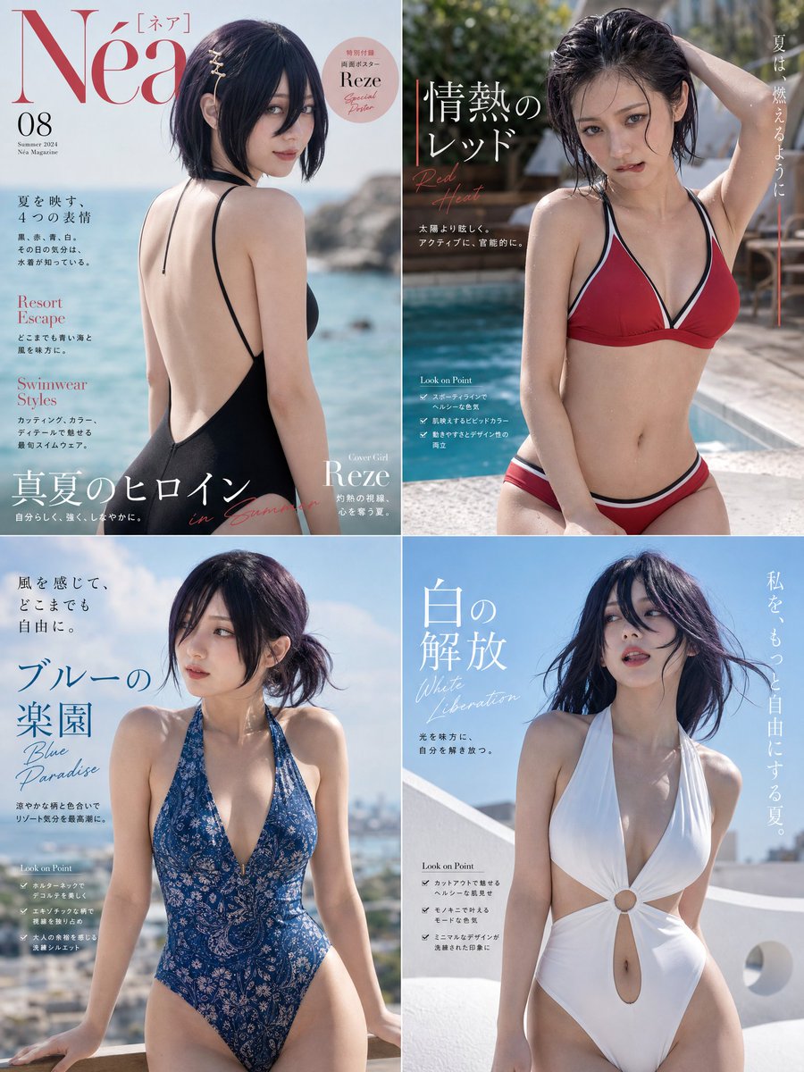 生成一份约 4 页的泳装时尚杂志版面，以【Name】作为主模特，采用真人 cosplay 风格。 造型设计：为她搭配多款不同颜色、图案和剪裁的泳装，每页搭配一款不同的发型。 表情与姿势：呈现多...