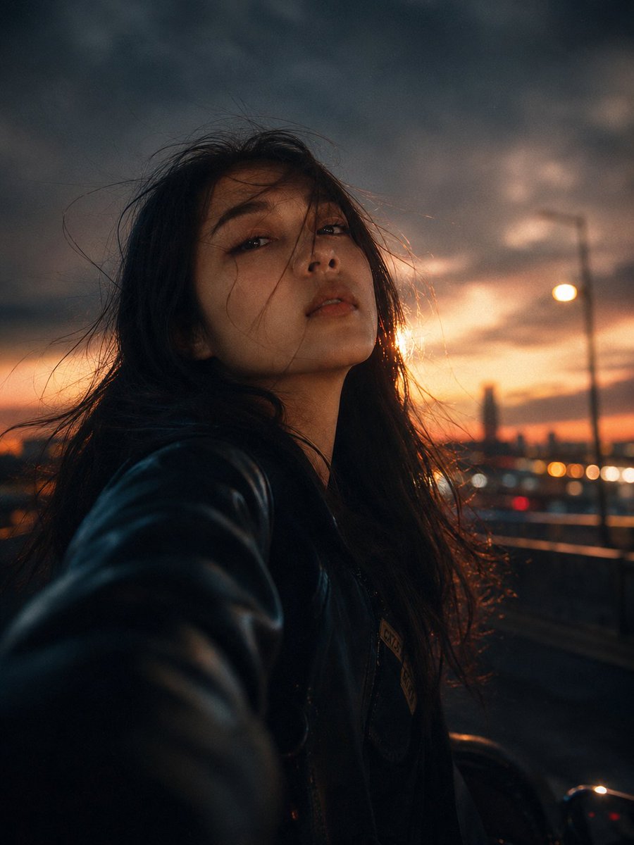 图片由 Chatgpt ai 上的 GPT image 2 生成 提示词 👇 夜晚，一位年轻女性从行驶中的汽车里探身而出，采用广角自拍视角拍摄的电影感肖像。被风吹动的头发，自信的目光，城市灯光...