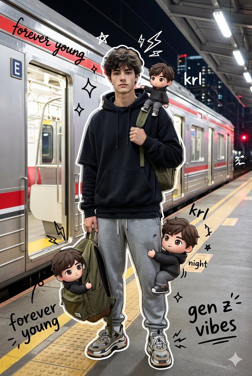 混合媒介肖像：一位时髦的年轻男子夜晚站在 KRL Jabodetabek 通勤线（Commuter Line）站台上。他自信地摆姿势，一只手抓着橄榄绿色双肩包的肩带，身着街头服饰：超大黑色层叠...