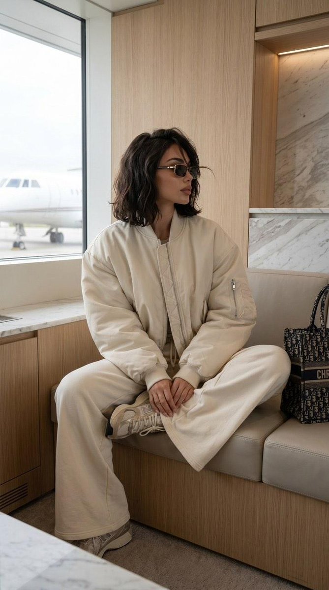 美丽的女性在私人航站楼休息室中等待。超大号米色飞行员夹克，飘逸的阔腿运动裤，设计师运动鞋，奢华托特包，时尚太阳镜。完美的光泽秀发，高端护肤光彩。随意地坐着，目光偏离镜头。近距离拍摄，面部清晰可...