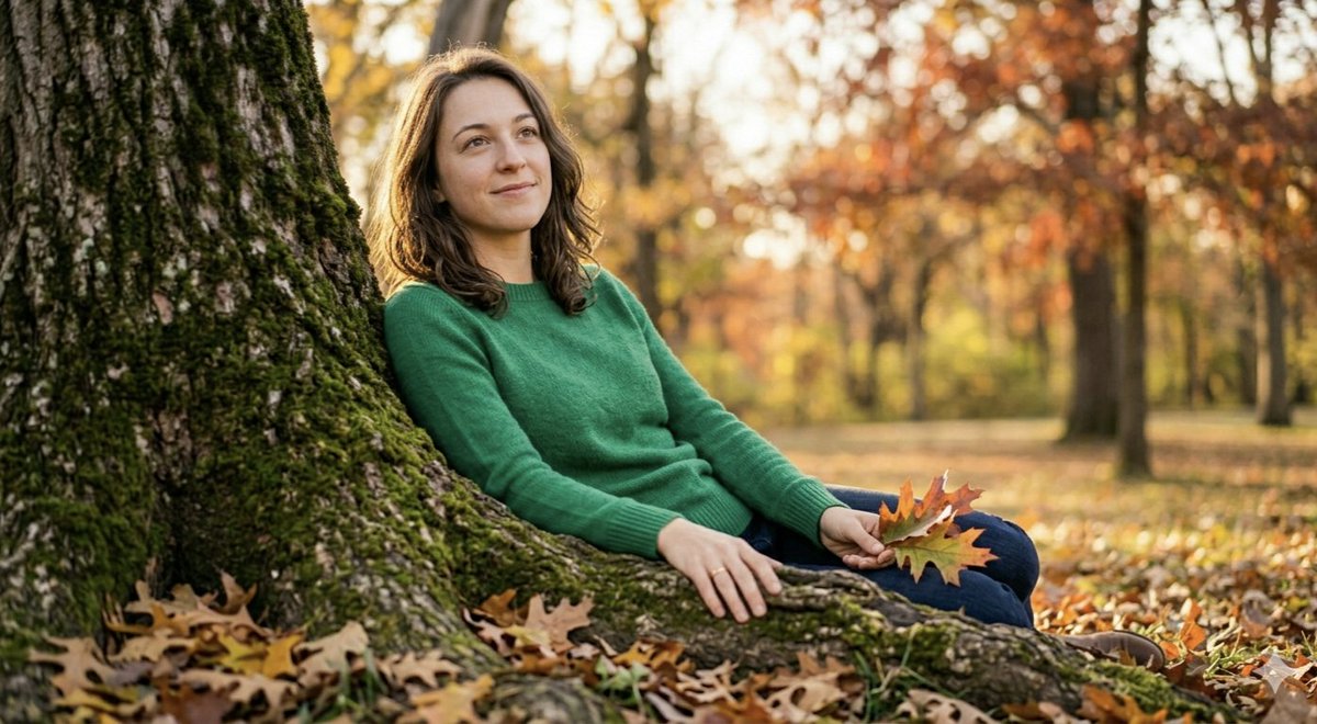 一组温暖的电影感秋季人像照，镜头中的女子留着波浪状的及肩棕色长发，面带柔和微笑，神情温婉。她身穿一件色彩鲜艳的翡翠绿长袖针织衫，搭配深蓝色牛仔裤。场景设定在黄金时分的宁静公园中，背景被巧妙地虚...