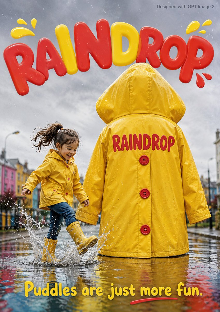 一张可爱的雨天儿童广告海报。一个5岁的可爱小女孩穿着黄色雨靴在一个水坑里嬉水，旁边是一件有她3倍高的巨大亮黄色雨衣，上面有大颗的红色纽扣，背面用粗体红色写着"RAINDROP"。柔和的雨天灰色...