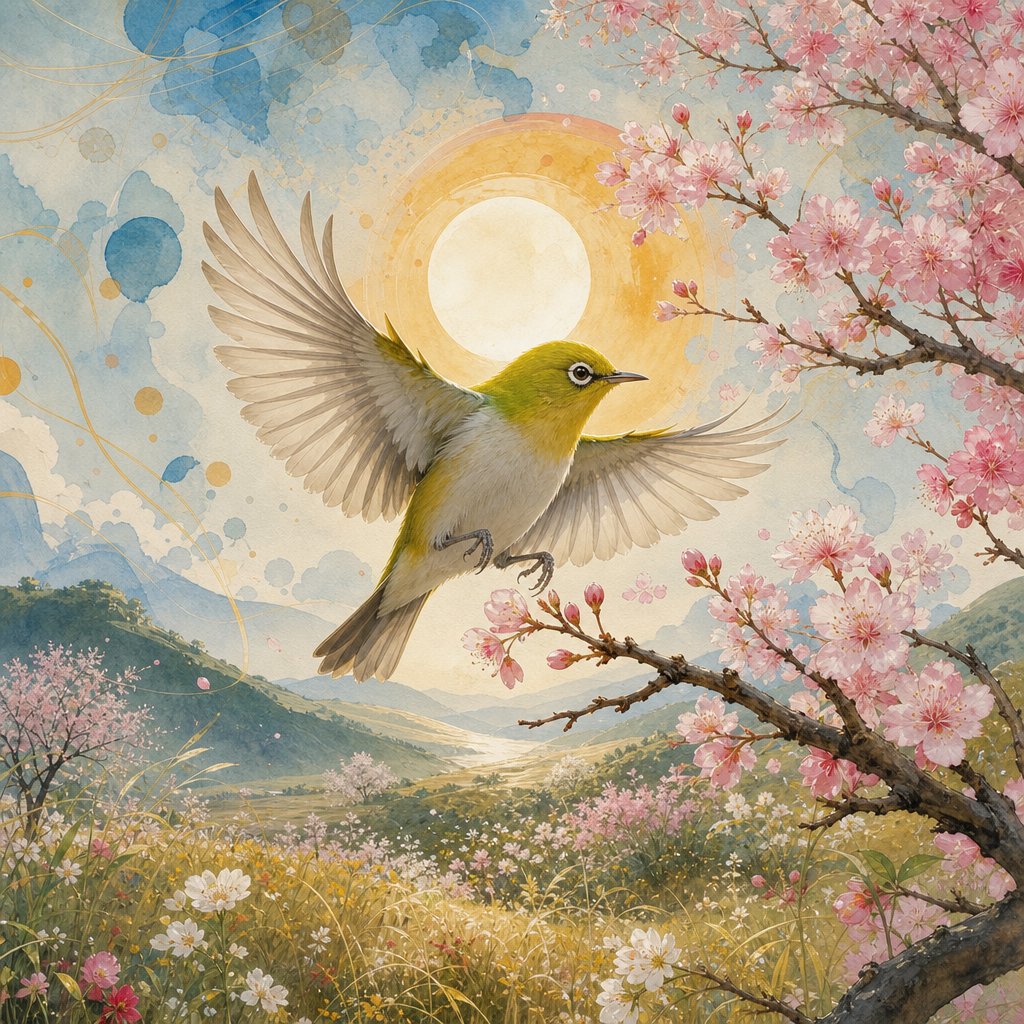 超精细的日本绣眼鸟（Japanese white eye bird）正展翅飞翔，翅膀大幅张开，准备停落在樱花树枝上，居中映衬在质感柔和的浅蓝色天空前。中央有一轮明亮的落日，散发微妙的光晕，烘托...
