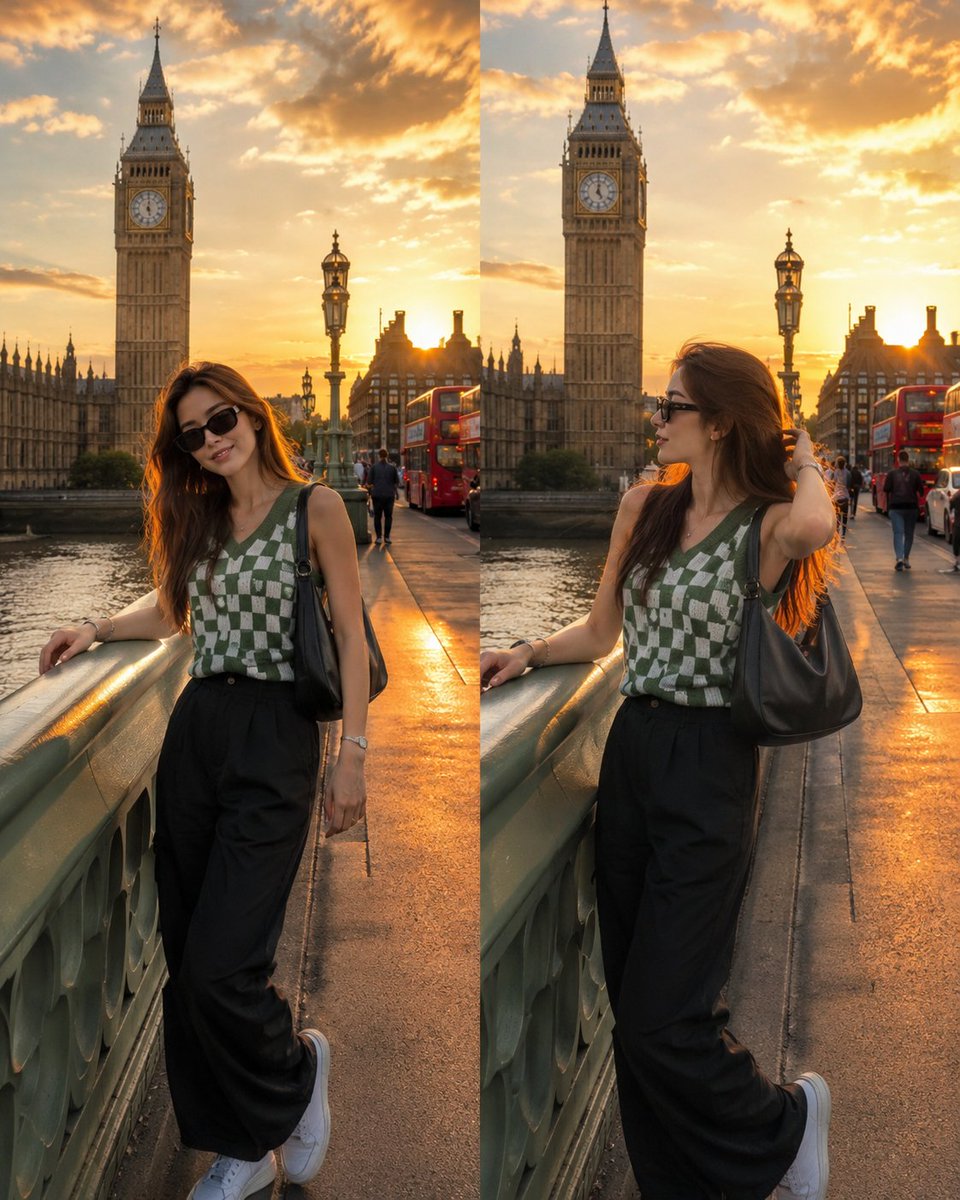 Nano banana Pro on Gemini app { "prompt": "Beautiful young Korean woman posing on Westminster Br...