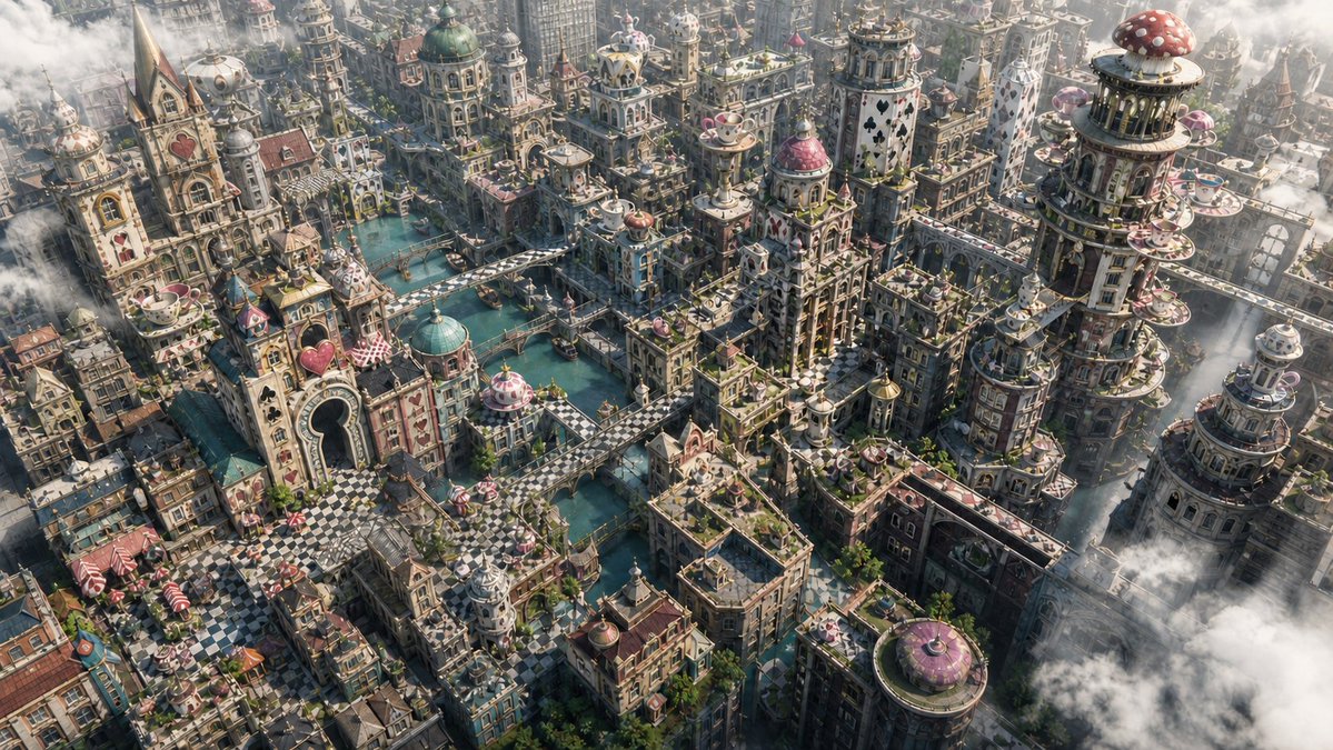 创建一张高细节的 16:9 航拍地形图像，呈现一个受《爱丽丝漫游奇境》启发的幻想市中心。城市应兼具奇趣、电影感和建筑感：纸牌花色塔楼、棋盘格广场、钥匙孔大门、运河桥梁、茶杯屋顶、瓷制阳台、蘑菇...