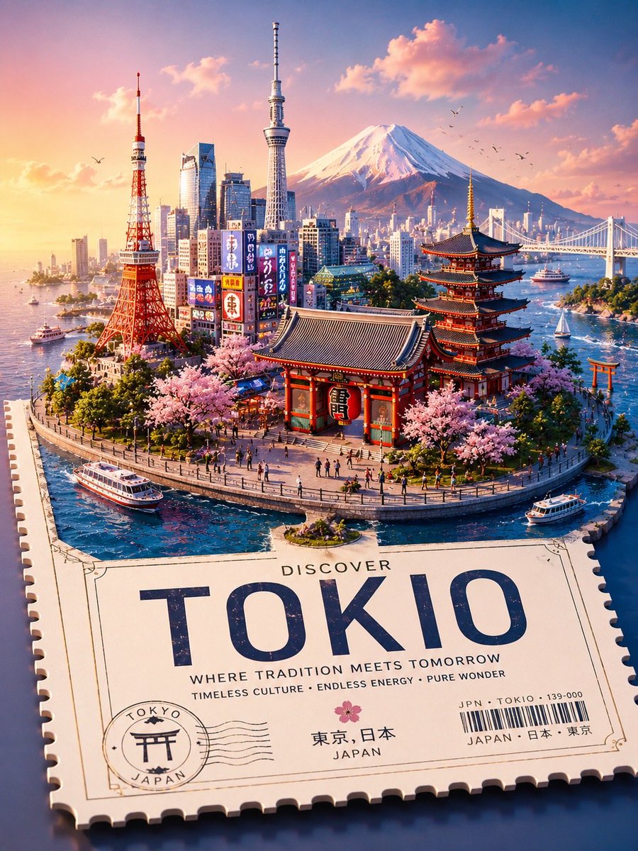 创作一张高级风格化的 3D 等距旅行海报,主题为 [TOKIO],设计为一个漂浮的微型世界,放置在一张大型票根、明信片或邮票平台之上,平台带有锯齿状打孔边缘。自动包含与该地点相关的最具标志性的...